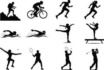 Obraz premium Dynamic silhouettes of people performing diverse sports and recreational activities, including hiking, cycling, running, swimming, figure skating, gymnastics, and golf.