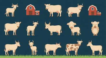 Collection of cartoon cows and barns on a dark blue background. © Ajik