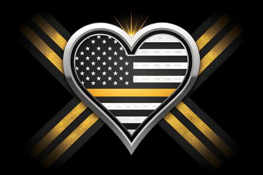 Stylized chrome heart emblem featuring a black and white american flag design accented with a bold gold thin line symbolizing support for law enforcement and first responders everywhere