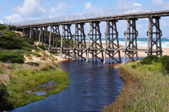 The ex-railways wooden trestle Kilcunda Bridge spans 91 metres across Bourne Creek - Kilcunda, Victoria, Australia