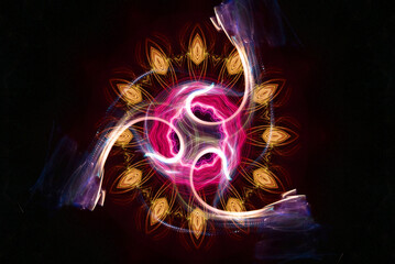 Abstract neon light spiral with purple and blue glowing trails on dark background,