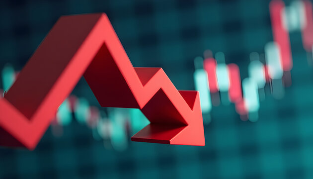 Red downward arrow graph showing financial market decline and economic recession, representing stock market crash and business loss
