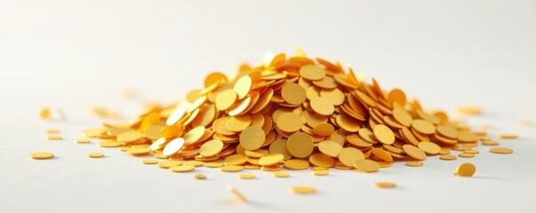 Pile of golden confetti, gleaming on pure white background, texture, celebration, confetti