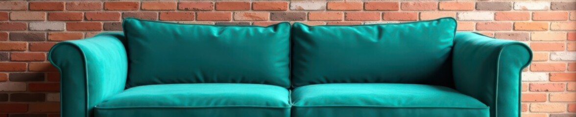 Velvet teal sofa in front of textured brick wall, velvet sofa, rich