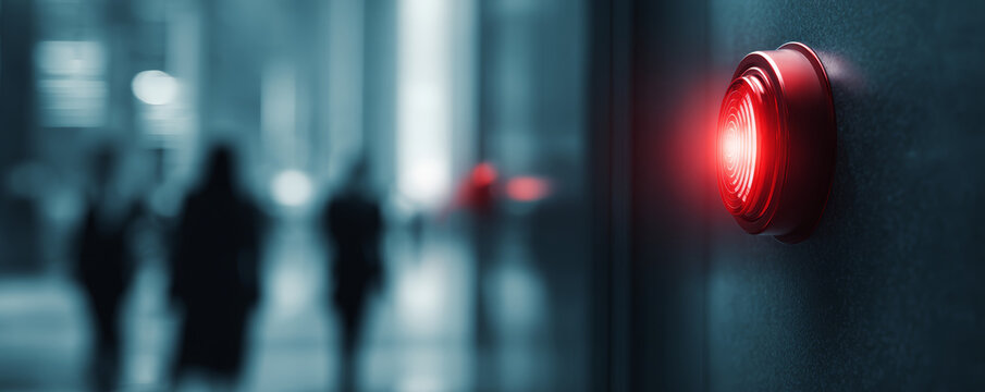 Red alarm light wall emergency warning signal security alert system red siren closeup office corridor blur danger notification safety concept