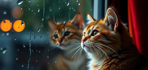 Cozy feline friend watches rain streaks on windowpane, tranquility, domestic animal