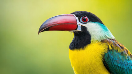 Naklejka premium Colorful toucan bird, tropical wildlife, exotic beak, yellow feather, green background closeup, vivid nature portrait