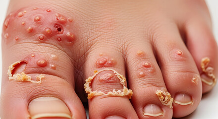 Naklejka premium Extreme Close Up Of A Human Foot Covered In Warts And Peeling Skin dermatology