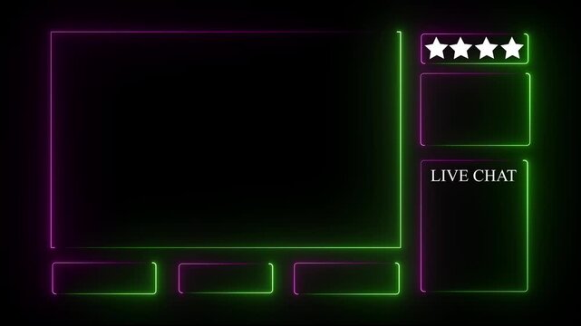 Neon glowing animated intermission stream overlay with hud facecam border, chat frame design for live broadcast visuals. Green and pink color frame on black background .4k motion graphics video