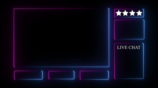 Neon glowing animated intermission stream overlay with hud facecam border, chat frame design for live broadcast visuals. Blue and pink color frame on black background .4k motion graphics video