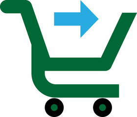 Green shopping cart with blue arrow direction symbol isolated on transparent background