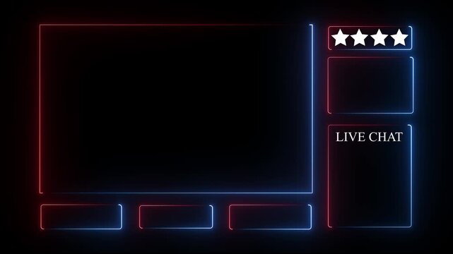 Neon glowing animated intermission stream overlay with hud facecam border, chat frame design for live broadcast visuals. Blue and Red color frame on black background .4k motion graphics video
