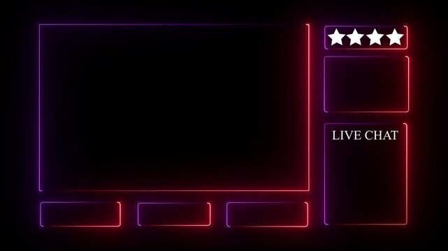 Neon glowing animated intermission stream overlay with hud facecam border, chat frame design for live broadcast visuals. Red and violet color frame on black background .4k motion graphics video