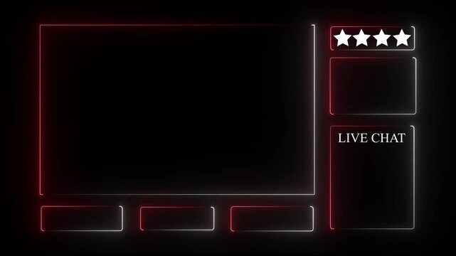Neon glowing animated intermission stream overlay with hud facecam border, chat frame design for live broadcast visuals. Red and white color frame on black background .4k motion graphics video