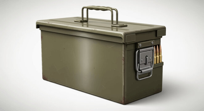 Classic military green ammunition storage box with visible bullets, ready for tactical use