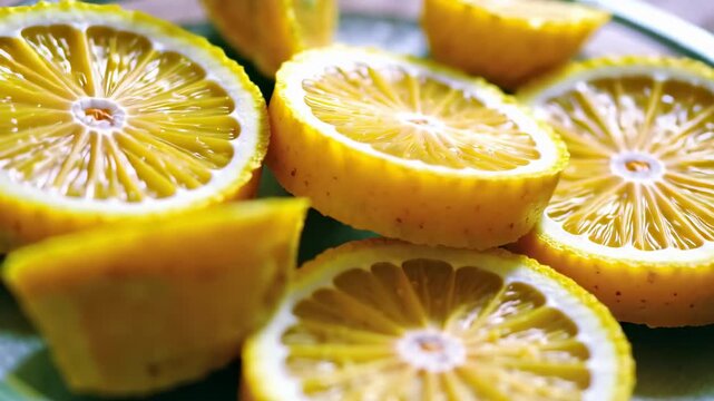 Closeup parallax move across vibrant citrus slices on a glass plate, light refracting through the juicy pulp, creating a fresh, high-contrast, modern food