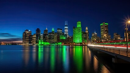 Fototapeta premium St patrick's day nyc skyline green illuminated buildings nighttime cityscape