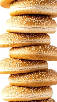 A tall, towering stack of fresh, golden-brown hamburger buns with sesame seeds is isolated against a clean white background. This close-up, studio shot emphasizes the texture and abundance, symbolizin
