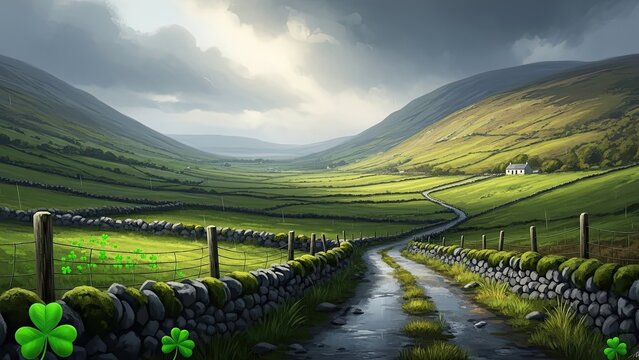St patrick's day landscape with rolling green hills and lucky clover