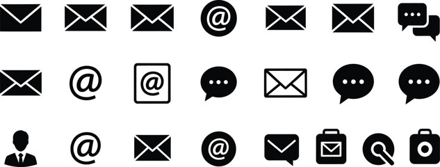 Set of 20 black icons for email, communication, and online messaging