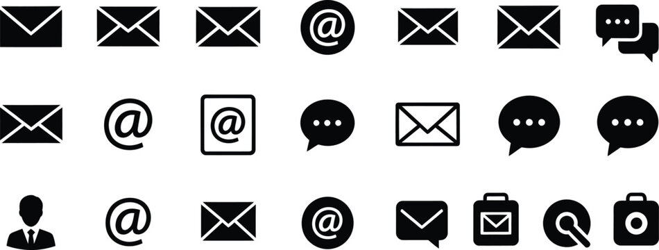 Set of 20 black icons for email, communication, and online messaging