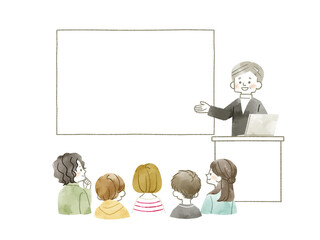 スクリーンやホワイトボードを使って説明をする男性-水彩