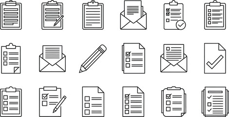 Document and checklist icons: clipboard, paper, pencil, envelope, checkmark, document