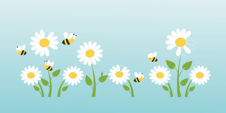 Charming illustration of white daisies and buzzing honeybees on a blue background