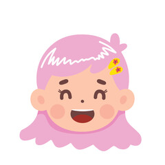 Fototapeta premium Cartoon girl with pink hair and flower clip smiling happily.