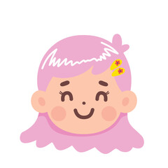 Fototapeta premium Cartoon girl with pink hair and flower clip smiling face.