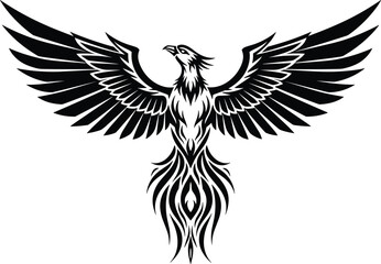 Obraz premium Black and white tribal phoenix bird vector illustration with spread wings and flame tail for mythological mascot logo tattoo design and apparel print