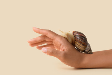 Female hand with snail on beige background © Pixel-Shot