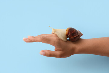Female hand with snail on blue background © Pixel-Shot