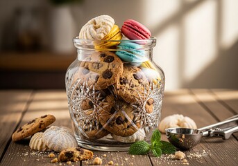 Assorted Delicious Cookies and Colorful Macarons in a Crystal Glass Jar on a Wooden Table