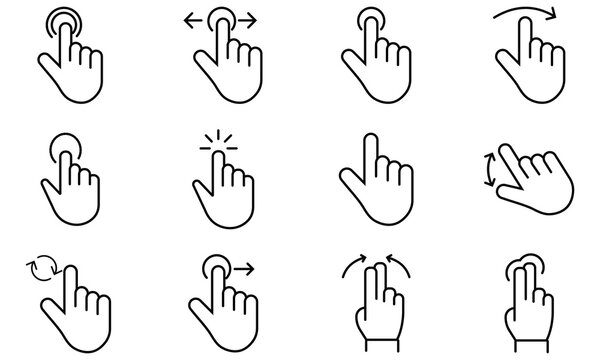Hand touchscreen gestures with arrow icon set. Pointer cursor Clicking cursor, mouse icon.  clicks icons. pointing hand сomputer Click cursor. Vector Illustration.