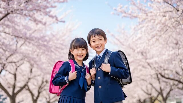 桜並木と笑顔の小学生1年生の男女