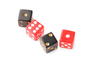 Black and red game dices isolated on white background