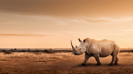 corporate safari banner with white rhinoceros positioned on right third of frame walking through dry savanna, warm sunset sky filling background, wide foreground with sparse grass