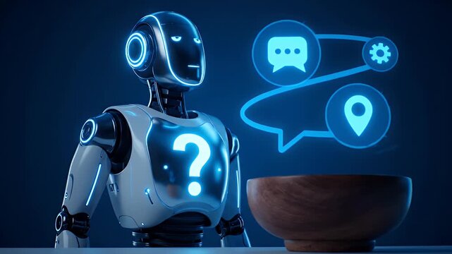 Futuristic robot with question mark chest viewing hologram technology in dark room