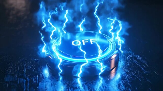 Illuminated blue button with the word 'OFF' on a dark background, technology concept.