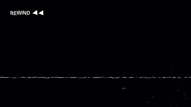 VHS video tape rewind icon, overlay footage, vintage film, scratches overlay, noice damage on transaparent background. 4K Video