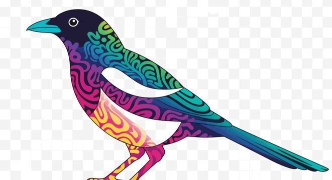 Vibrant abstract patterned bird illustration with colorful psychedelic swirling design artwork