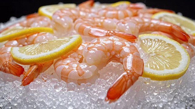 Fresh, pink shrimp and bright lemon slices rest on a bed of glistening ice