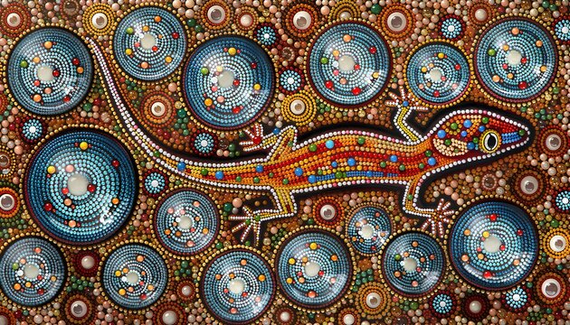 vibrant lizard gecko artwork in a decorative dot painting style. colorful animal illustration with circular patterns and mosaic elements on a warm earth tone background.