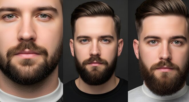 Three close-up portraits of a man showcasing different beard and mustache styles, highlighting facial hair grooming.