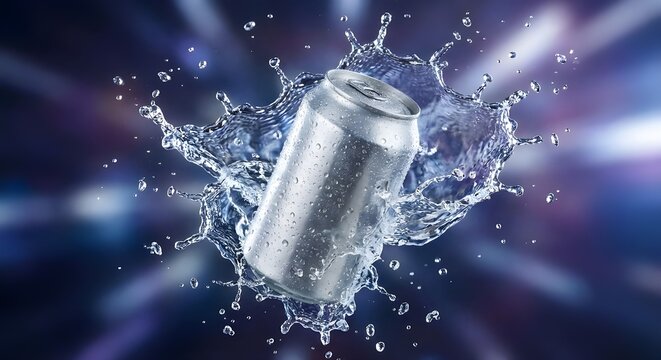 Aluminum Bevarage Can Splash in Water, Refreshing Drink Concept