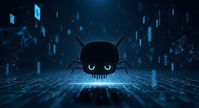 Dark stylized bug creature with glowing eyes in a blue digital binary code environment, representing a cyber threat or software bug.