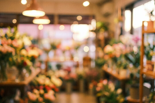 Blurred flower shop interior with colorful bouquets and warm lighting.