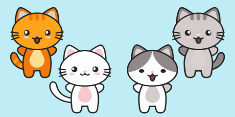 Four adorable cartoon cats with simple designs and cheerful expressions © Tusar