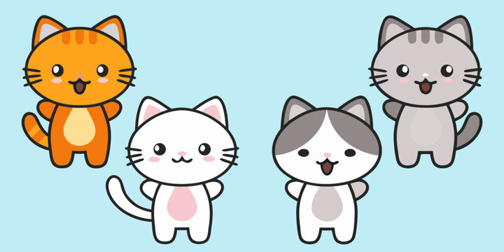 Four adorable cartoon cats with simple designs and cheerful expressions